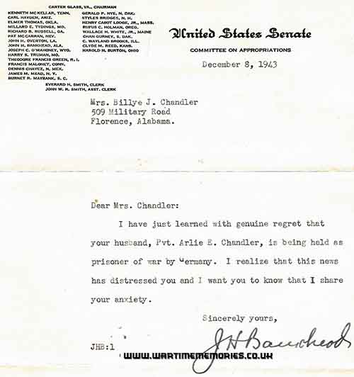 Letter from Senator Bankhead to BaBa on 12-08-1943